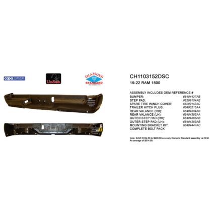 Bumper Assembly Rear Single Exhaust w/Adv Park w/Parking Sensor w/o Lamps Primed CAPA for Ram 1500 Limited Laramie Sport Big Horn Lone Star SLT SXT Tradesman Laramie Longhorn HFE Longhorn Laramie Sport ST Hemi Sport Special Service TRX Limited Longhorn TRX Launch Edition Big Horn OffRoad 2019–2024