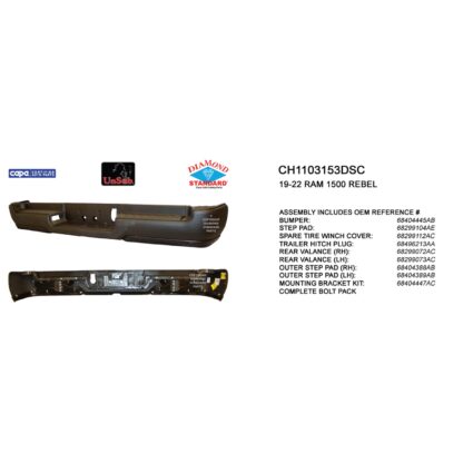 Bumper Assembly Rear Single Exhaust w/o Adv Park w/o Parking Sensor w/o Lamps Black CAPA for Ram 1500 Rebel 2019–2024