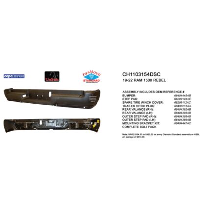 Bumper Assembly Rear Single Exhaust w/o Adv Park w/Parking Sensor w/o Lamps Black CAPA for Ram 1500 Rebel 2019–2024