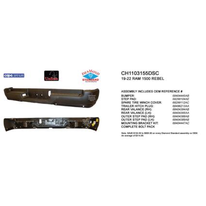 Bumper Assembly Rear Single Exhaust w/Adv Park w/Parking Sensor w/o Lamps Black CAPA for Ram 1500 Rebel 2019–2024