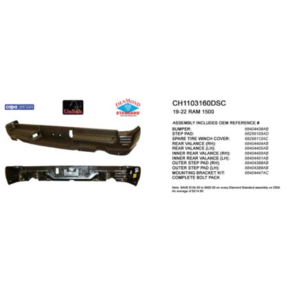 Bumper Assembly Rear Dual Exhaust w/o Adv Park w/Park Snsr w/o Lamps CAPA for Ram 1500 Limited Laramie Sport Big Horn Lone Star SLT SXT Laramie Longhorn HFE Longhorn Laramie Sport ST Hemi Sport Special Service TRX Limited Longhorn TRX Launch Edition Big Horn OffRoad 2019–2024