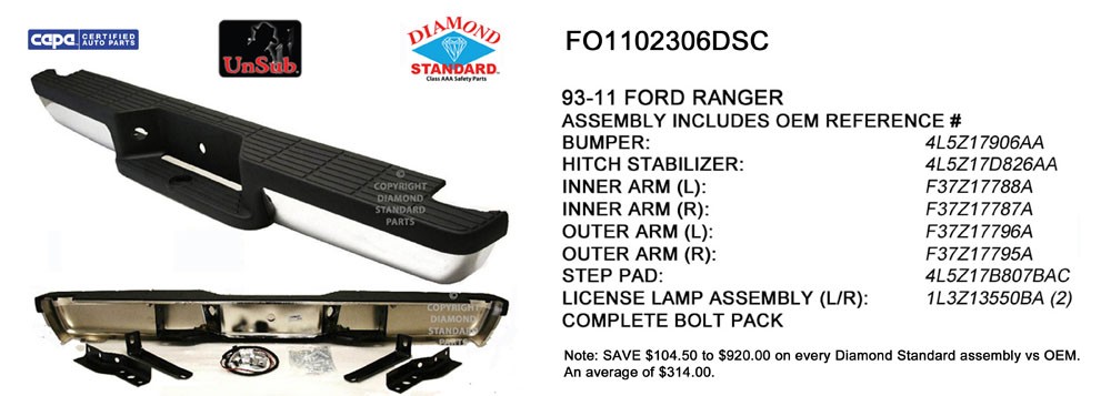 Bumper Face Bar Rear Chrome Step Assembly w/Black Pad CAPA for Ford Ranger 1993–2011