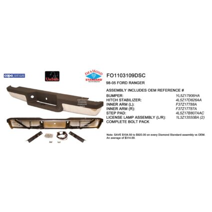 Bumper Assembly Rear w/Chrome Bar Includes Step Pad/Brackets/Hardware CAPA for Ford Ranger 1993–2002