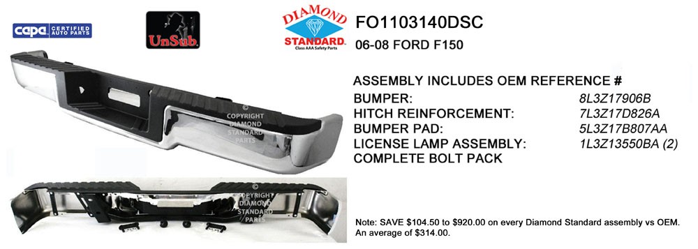 Bumper Assembly Rear w/o Towing Pkg w/Pull Bar w/o Rear Object Sensors Chrome CAPA for Ford F-150 2006–2008