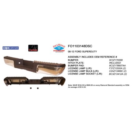 Bumper Assembly Rear w/Black Rear Pad w/o Rear Object Sensors w/License Lamps Chrome CAPA for Ford F-250 Super Duty F-350 Super Duty