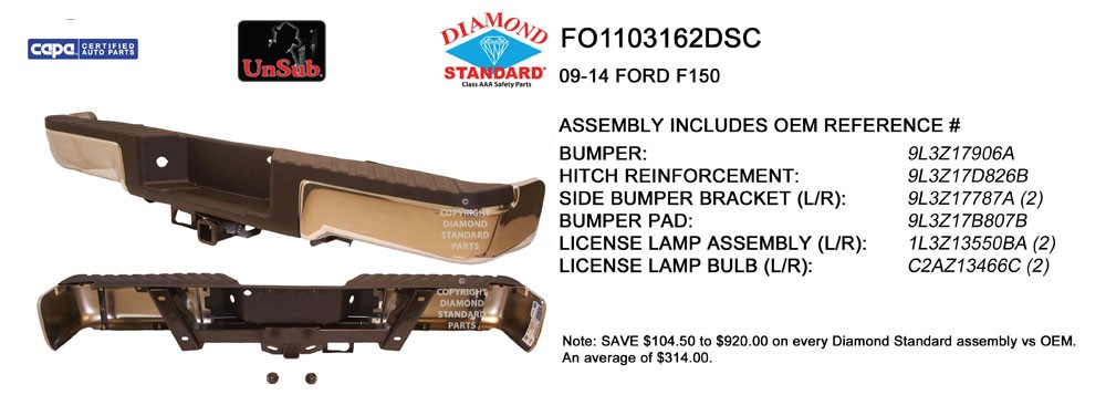 Bumper Assembly Rear w/o Sensors w/Towing Base Payload w/License Lamps Chrome CAPA for Ford F-150 2009–2014