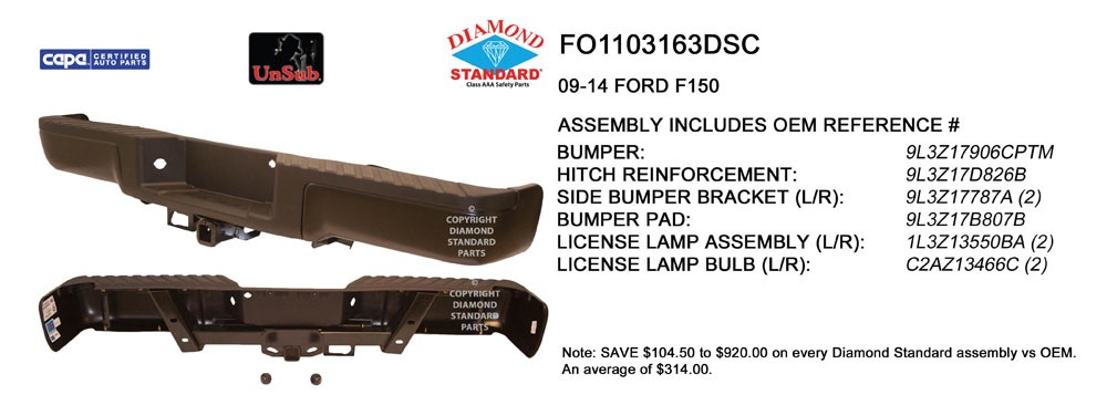 Bumper Assembly Rear w/o Sensors w/Towing Base Payload w/License Lamps Primed CAPA for Ford F-150 2009–2014