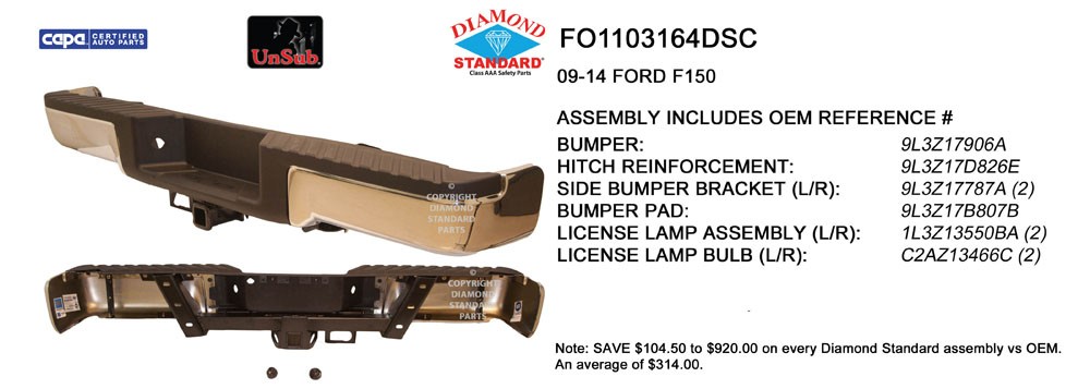 Bumper Assembly Rear w/o Sensors w/Towing Upgrade Payload w/License Lamps Chrome CAPA for Ford F-150 2009–2014