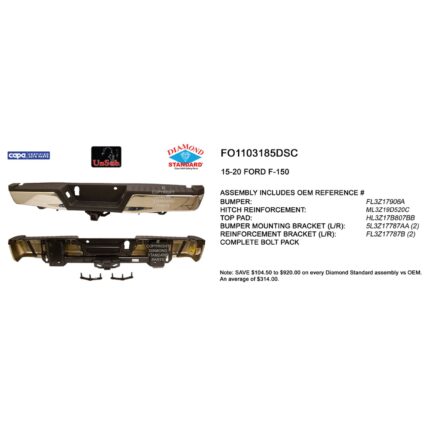 Bumper Assembly Rear w/o Rear Parking Aid w/Towing Pkg w/o Max Towing Chrome CAPA for Ford F-150 2015–2020