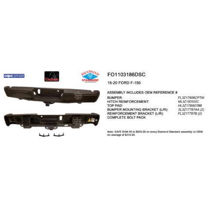 Bumper Assembly Rear w/o Rear Parking Aid w/Towing Pkg w/o Max Towing CAPA for Ford F-150 2015–2020