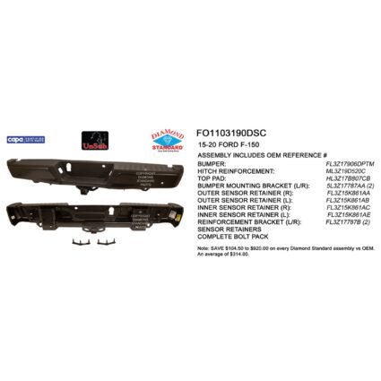 Bumper Assembly Rear w/Rear Parking Aid w/Towing Pkg w/o Max Towing CAPA for Ford F-150 2015–2020