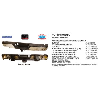 Bumper Assembly Rear w/Rear Parking Aid w/Towing Pkg w/Max Towing Chrome CAPA for Ford F-150 2015–2020