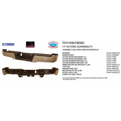 Bumper Assembly Rear w/o Parking Aid Sensors Holes w/o License Lamps CAPA for Ford F-250 Super Duty F-350 Super Duty F-450 Super Duty