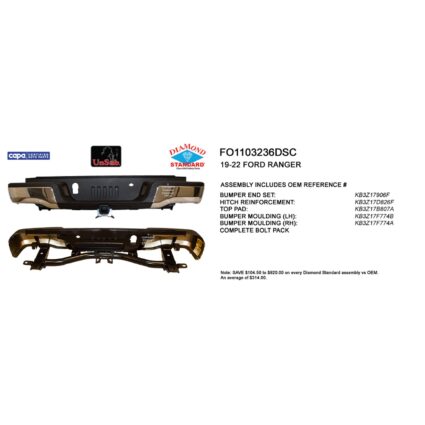 Bumper Assembly Rear w/Towing Pkg w/o Parking Aid Chrome CAPA for Ford Ranger 2019–2023