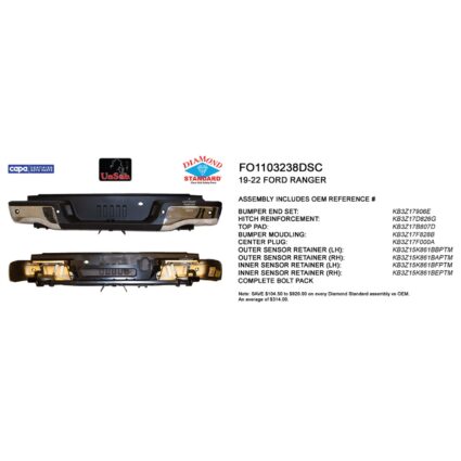 Bumper Assembly Rear w/o Towing Pkg w/Parking Aid Chrome CAPA for Ford Ranger 2019–2023