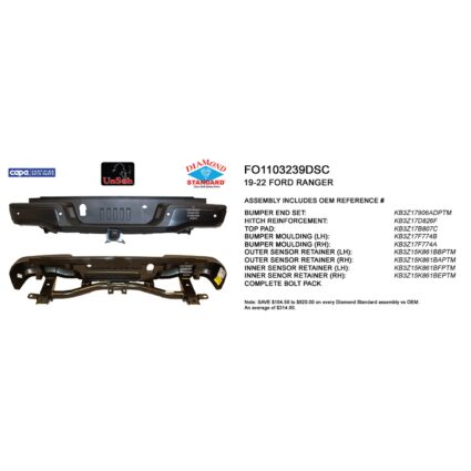 Bumper Assembly Rear w/Towing Pkg w/Parking Aid CAPA for Ford Ranger 2019–2023