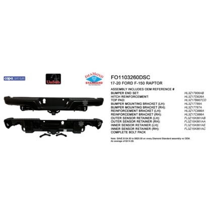 Bumper Assembly Rear w/Parking Aid w/Sensor Brackets w/o Lamps CAPA for Ford F-150 Raptor 2017–2020