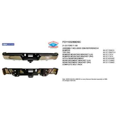 Bumper Assembly Rear w/Max Duty Towing w/o Parking Aid w/o Lamps Chrome CAPA for Ford F-150 2021–2024