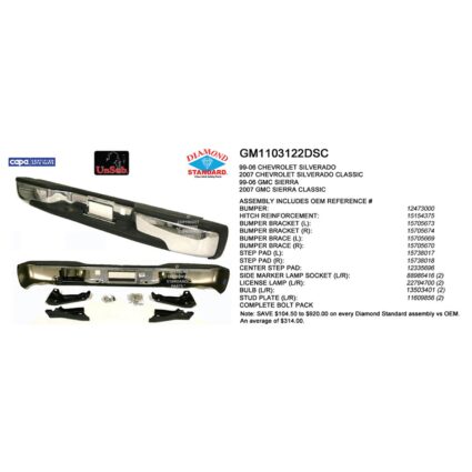 Bumper Assembly Rear Chrome CAPA for Chevrolet Silverado 1500 Silverado 1500 Classic Silverado 2500 Silverado 3500 GMC Sierra 1500 Sierra 1500 Classic Sierra 2500 Sierra 3500