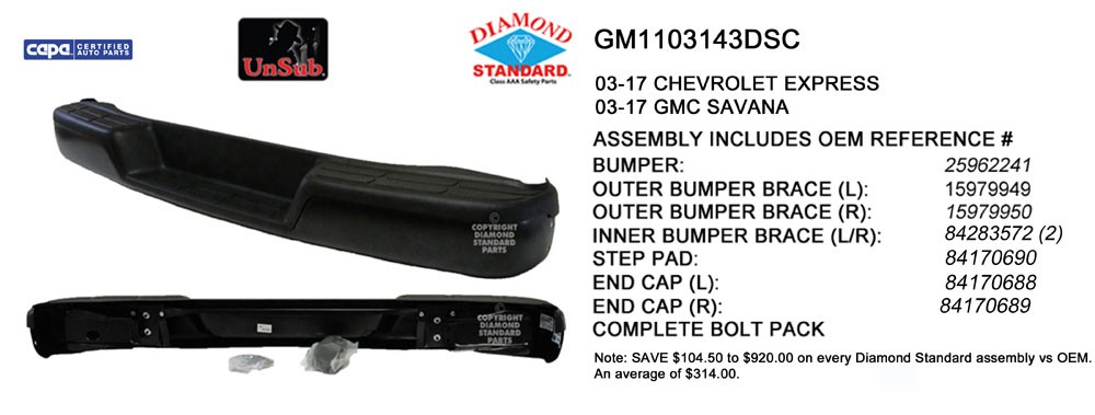 Bumper Assembly Rear w/o Object Sensor Includes Pad/Brackets/End Caps Black CAPA for Chevrolet Express 1500 Express 2500 Express 3500 GMC Savana 1500 Savana 2500 Savana 3500