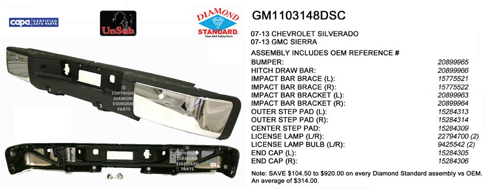 Bumper Assembly Rear w/Rear Object Sensors w/o Sensor Components Chrome CAPA for Chevrolet Silverado 1500 GMC Sierra 1500