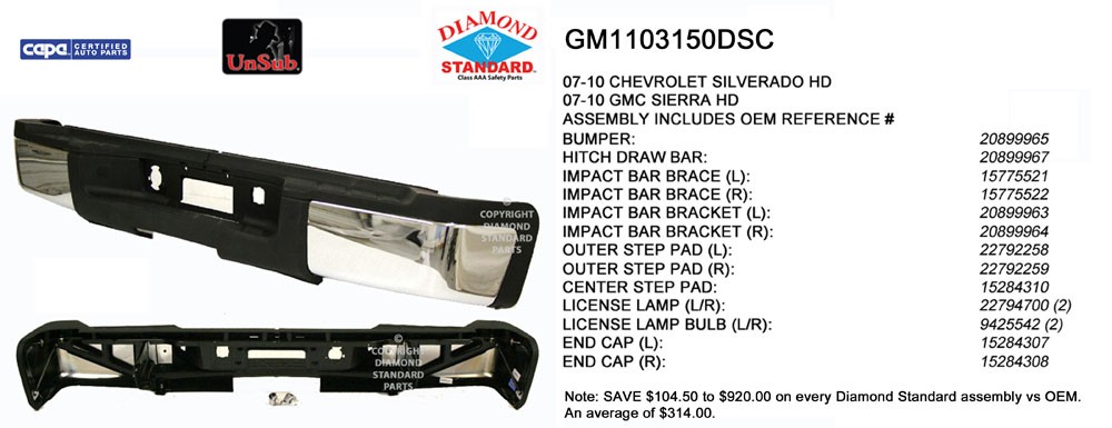 Bumper Assembly Rear (Single Rear Wheels) Single Rear Wheels w/o Rear Object Sensor Chrome CAPA for Chevrolet Silverado 2500 HD Silverado 3500 HD GMC Sierra 2500 HD Sierra 3500 HD