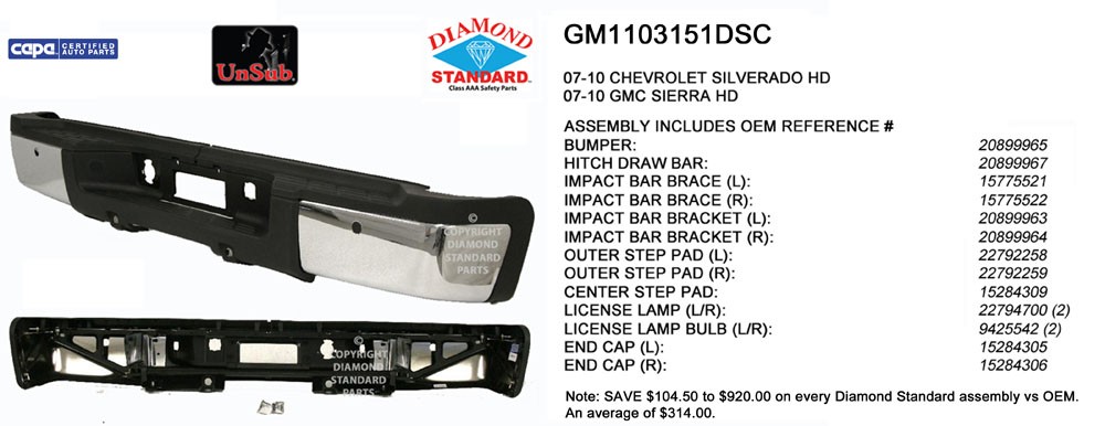 Bumper Assembly Rear Single Rear Wheels w/Rear Object Sensor w/o Sensor Components Chrome CAPA for Chevrolet Silverado 2500 HD Silverado 3500 HD GMC Sierra 2500 HD Sierra 3500 HD