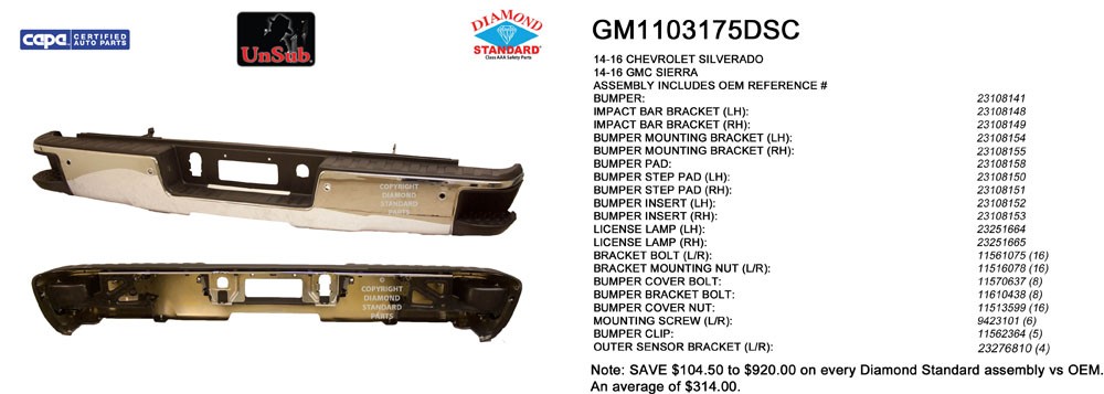 Bumper Assembly Rear w/Parking Aid Sensors w/o Sensors w/o Sensor Harness Chrome CAPA for Chevrolet Silverado 1500 GMC Sierra 1500 Sierra 1500 Limited