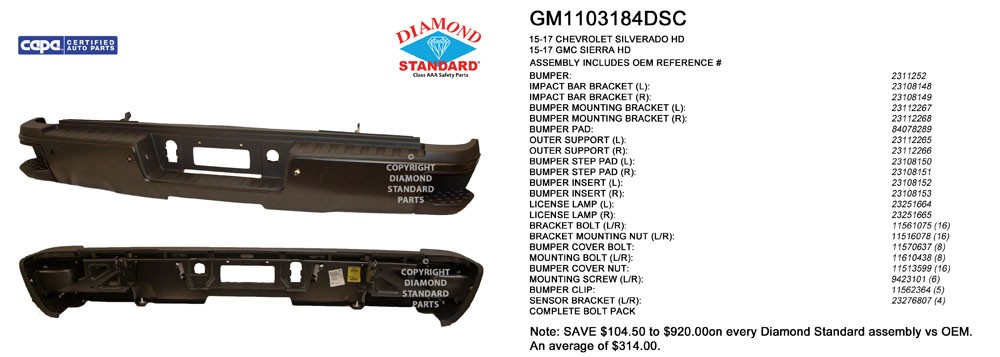 Bumper Assembly Rear Single Rear Wheels w/o Hitch Bar w/Park w/o Sensors CAPA for Chevrolet Silverado 2500 HD Silverado 3500 HD GMC Sierra 2500 HD Sierra 3500 HD
