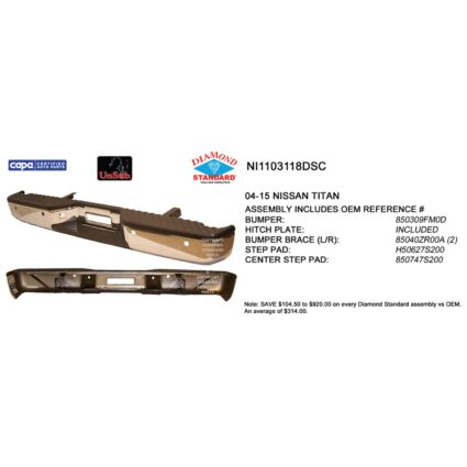 Bumper Assembly Rear w/o Big Tow Pkg w/Distance Sensors Chrome CAPA for Nissan TITAN LE SE SL SV 2004–2015
