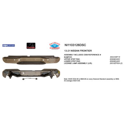 Bumper Assembly Rear w/Rear Object Sensors w/o Sensors w/o Harness CAPA for Nissan Frontier 2013–2021