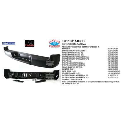 Bumper Assembly Rear w/Pads/Rein/Brackets/Cover/Seals/Lamps CAPA for Toyota Tacoma X-Runner Base Pre Runner Base Prerunner TRD Sport Prerunner TRD Sport TRD Pro 2005–2015