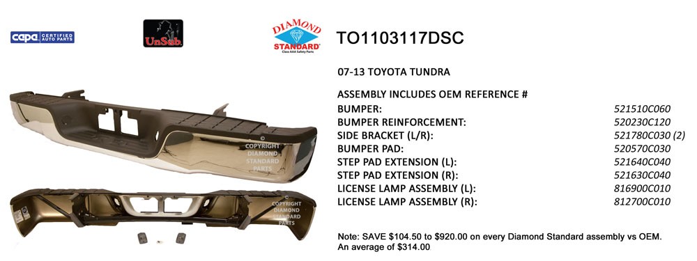 Bumper Assembly Rear w/o Parking Aid w/o Rock Warrior Pkg Chrome CAPA for Toyota Tundra 2007–2013