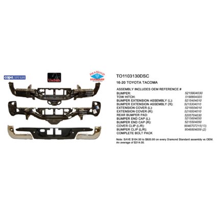 Bumper Assembly Rear w/Towing Hitch w/Parking Assist Chrome CAPA for Toyota Tacoma 2016–2023