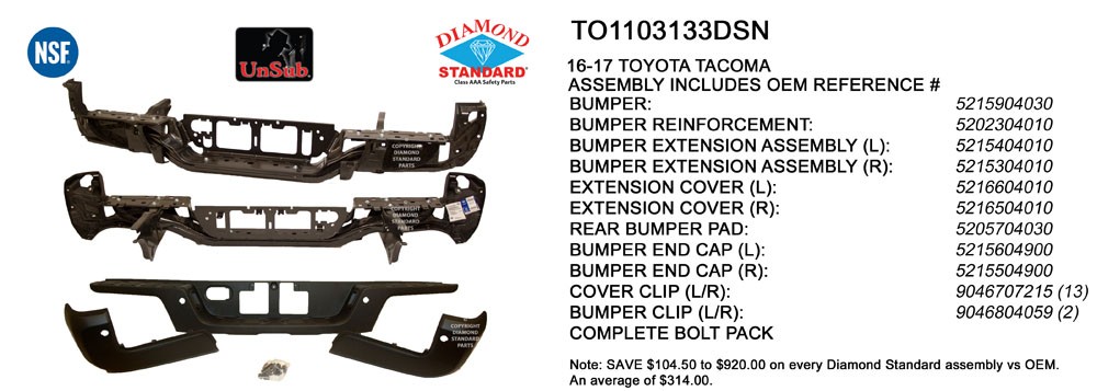 Bumper Assembly Rear w/o Towing Hitch w/Parking Assist NSF for Toyota Tacoma 2016–2023