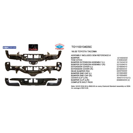 Bumper Assembly Rear w/Towing Hitch w/Parking Assist CAPA for Toyota Tacoma 2016–2023